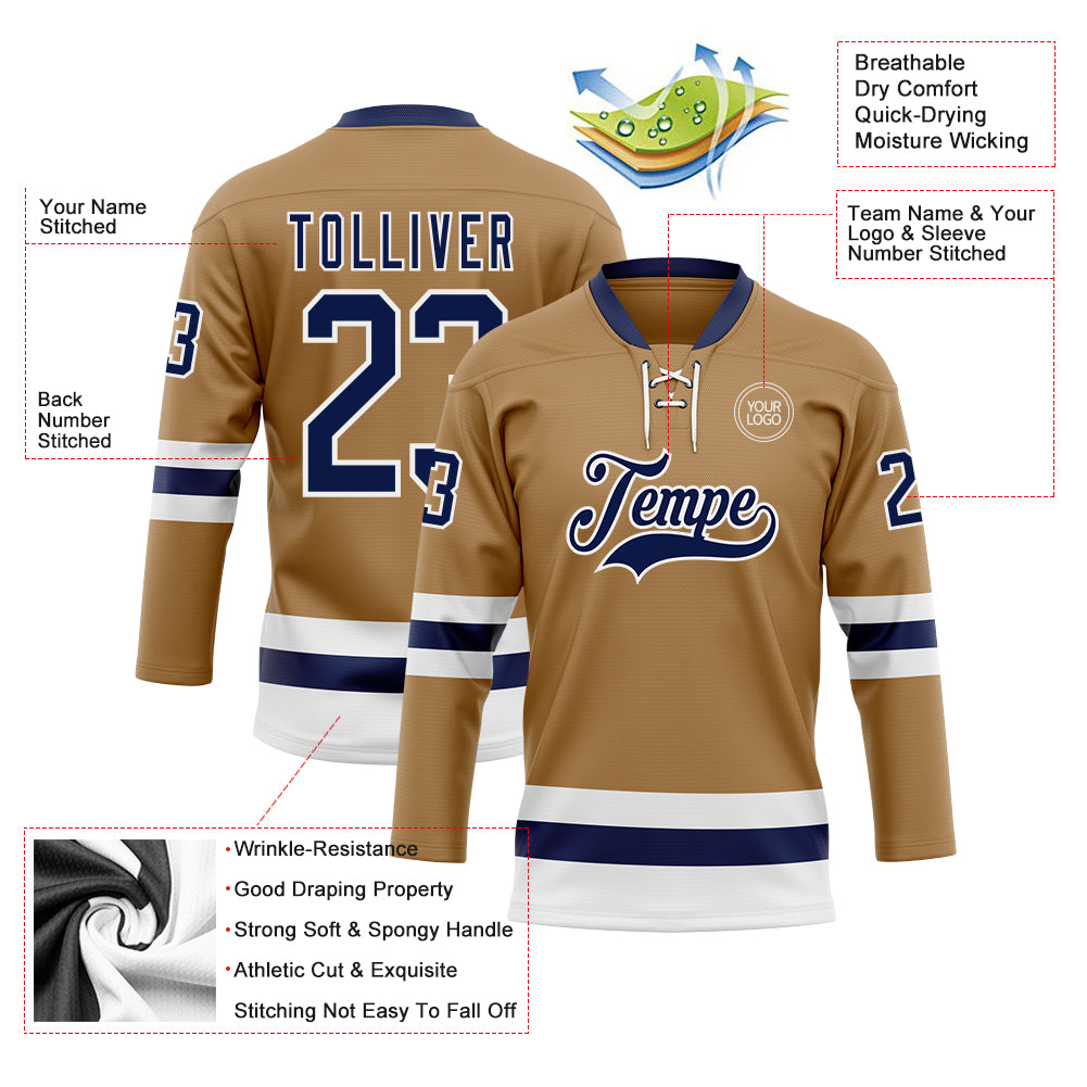 Custom Old Gold Navy-White Hockey Lace Neck Jersey