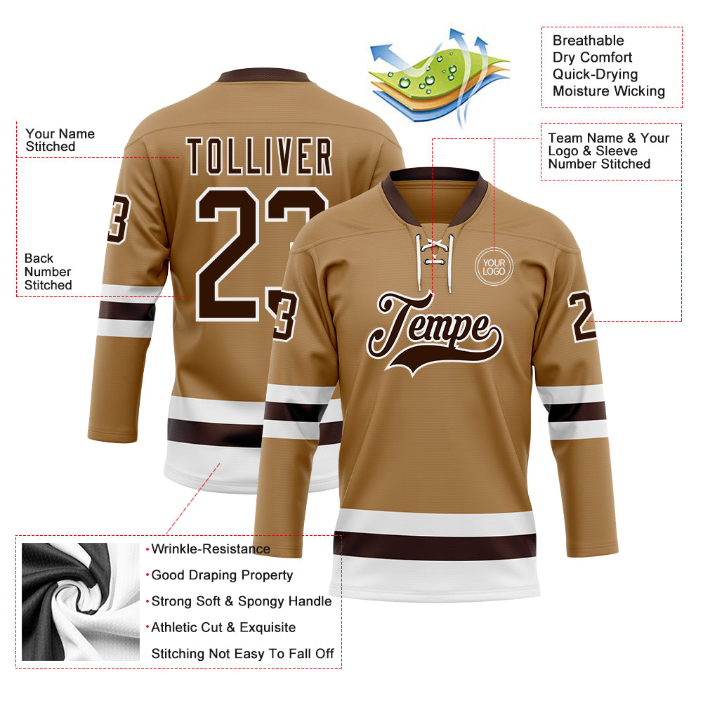 Custom Old Gold Brown-White Hockey Lace Neck Jersey