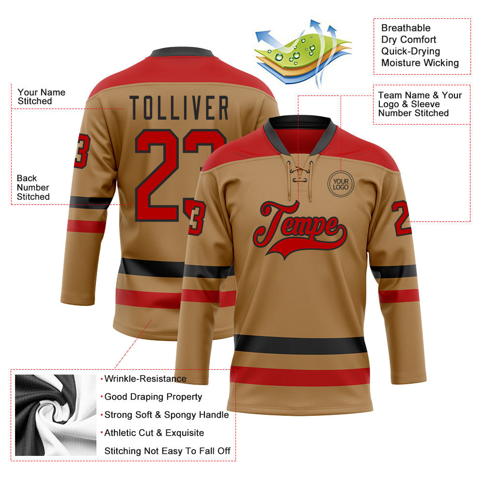 Custom Old Gold Red-Black Hockey Lace Neck Jersey