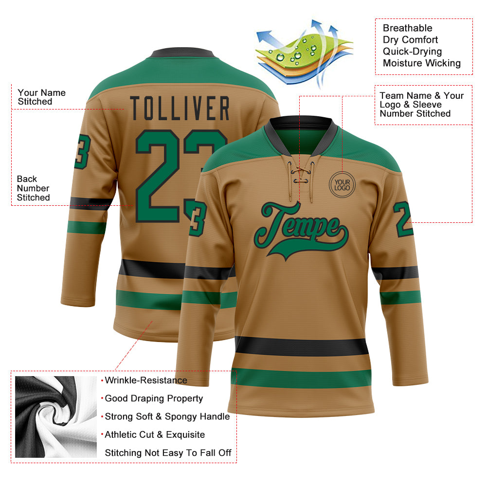 Custom Old Gold Kelly Green-Black Hockey Lace Neck Jersey