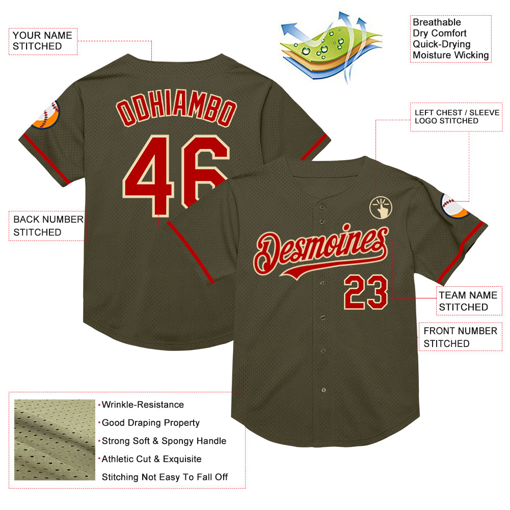 Custom Olive Red-Cream Mesh Authentic Throwback Salute To Service Baseball Jersey