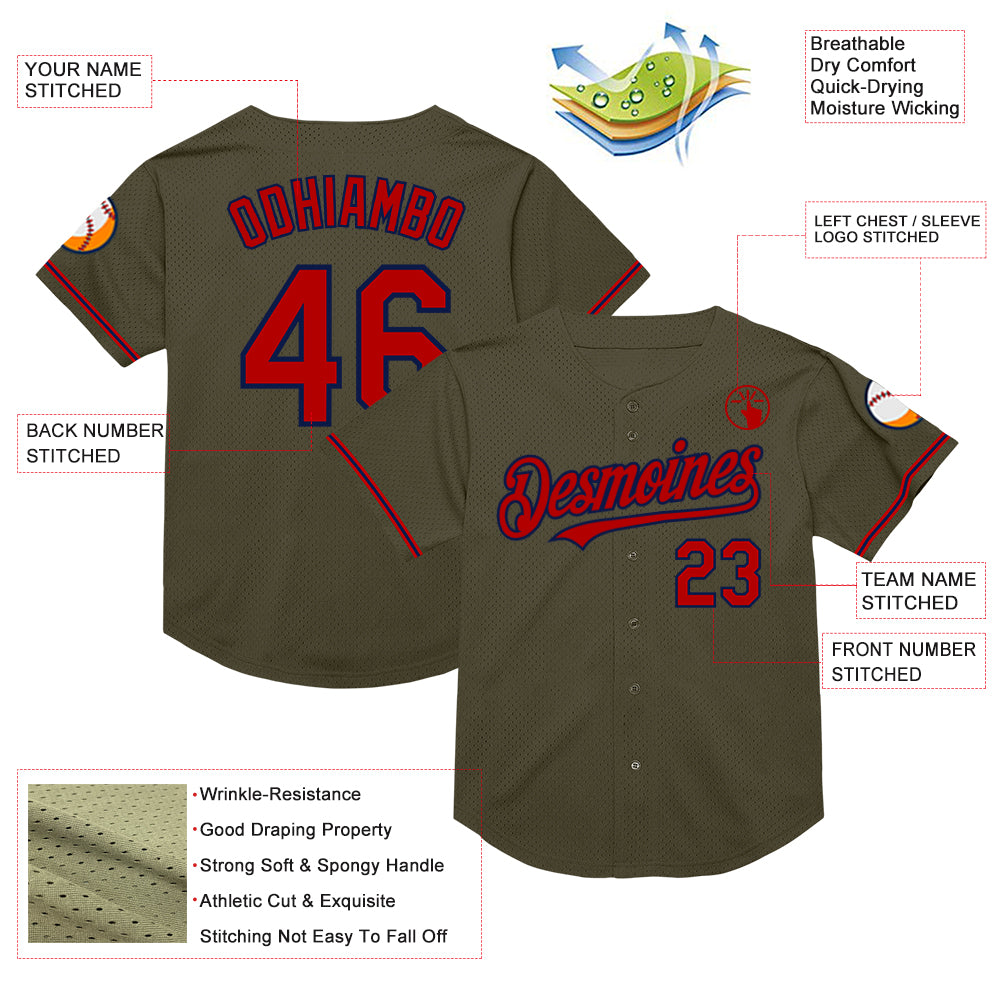 Custom Olive Red-Navy Mesh Authentic Throwback Salute To Service Baseball Jersey