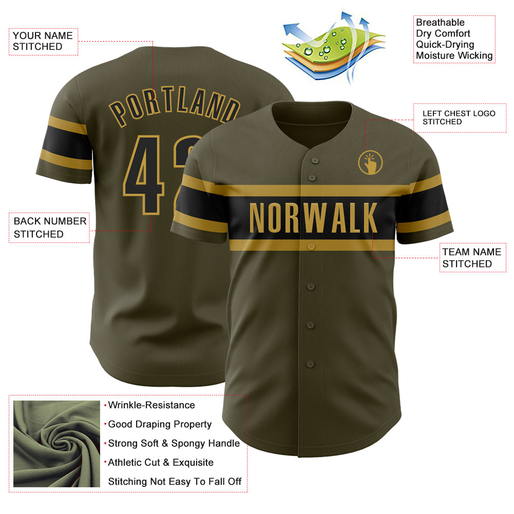 Custom Olive Black-Old Gold Authentic Salute To Service Baseball Jersey
