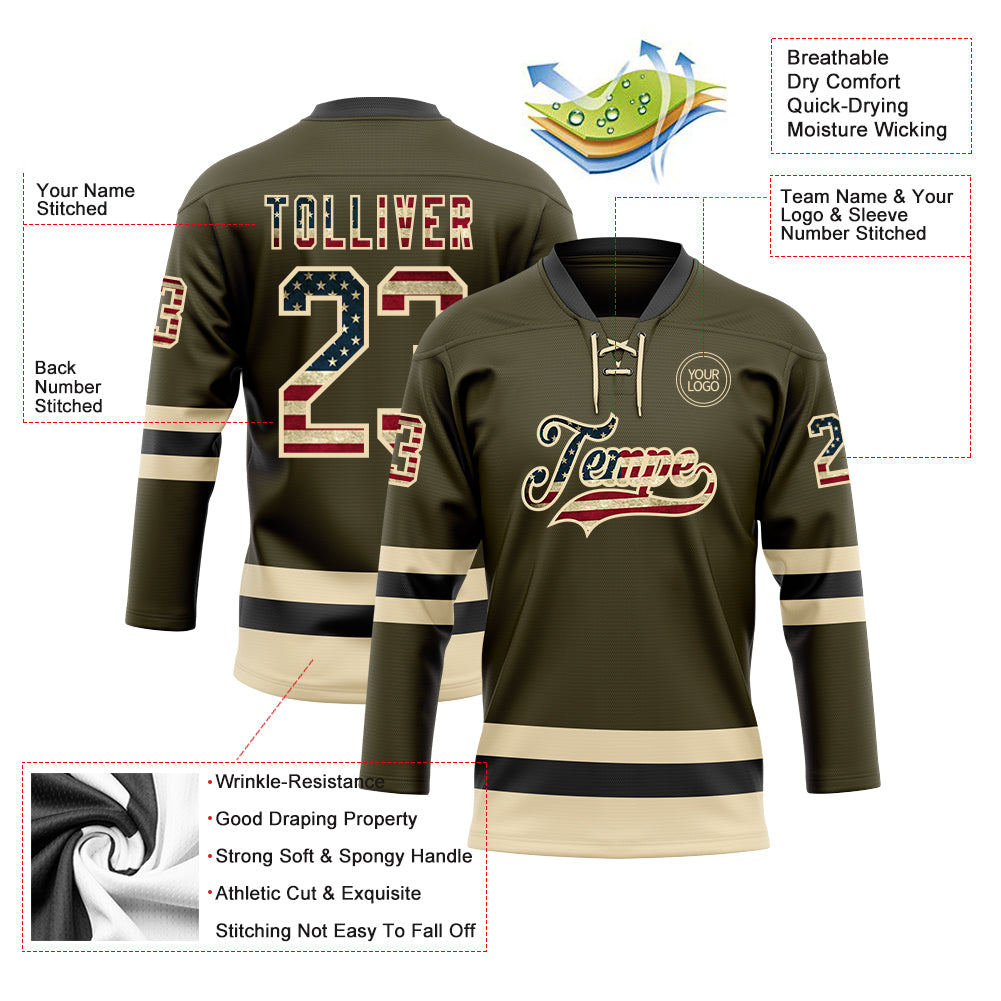 Custom Olive Vintage USA Flag Cream-Black Salute To Service Hockey Lace Neck Jersey