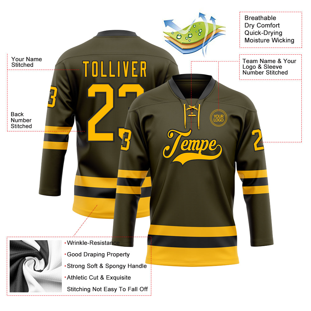 Custom Olive Gold-Black Salute To Service Hockey Lace Neck Jersey