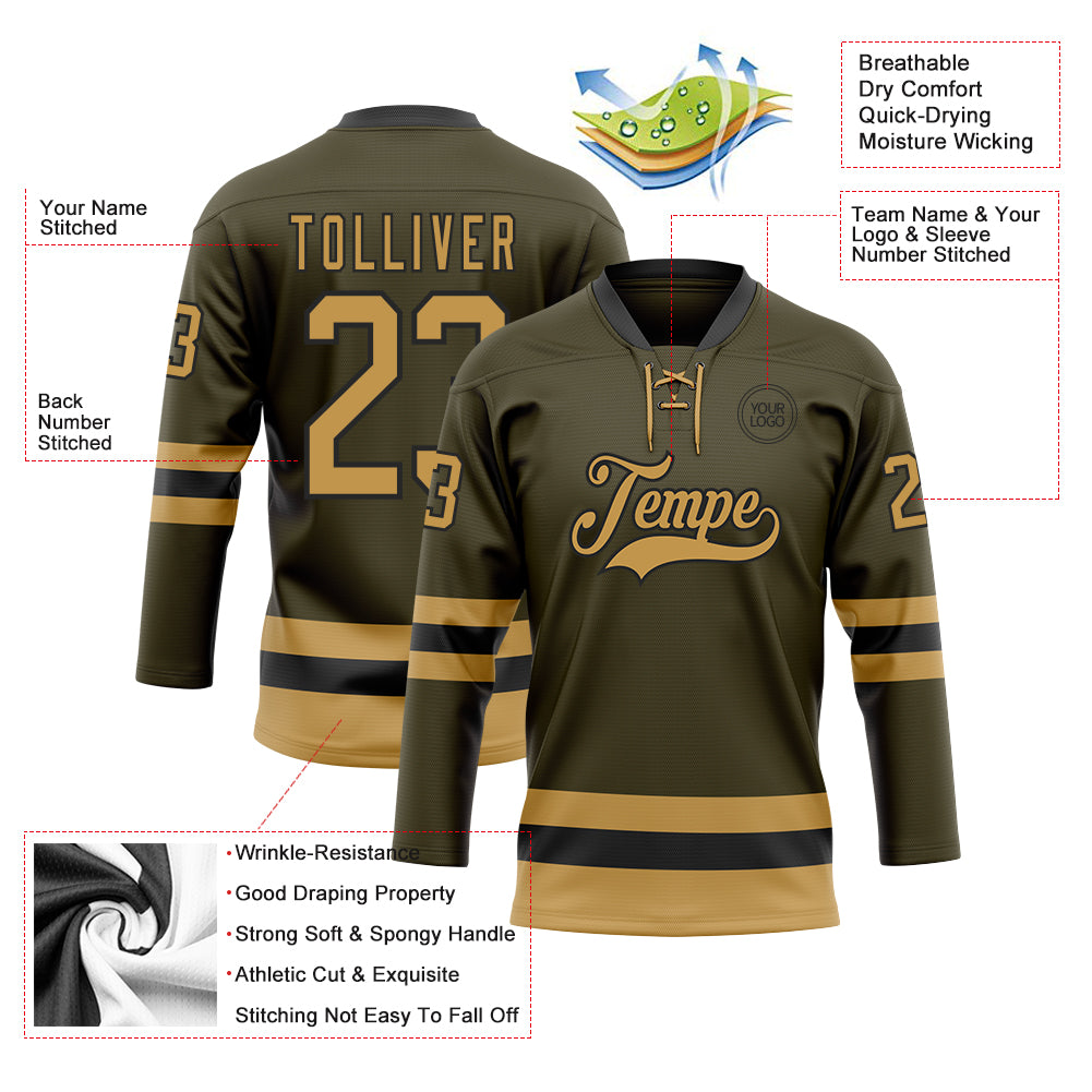 Custom Olive Old Gold-Black Salute To Service Hockey Lace Neck Jersey