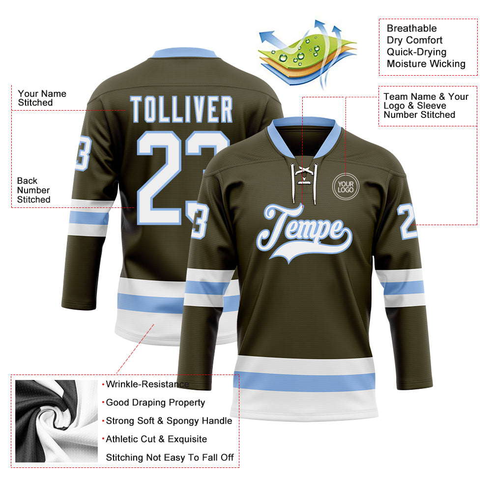 Custom Olive White-Light Blue Salute To Service Hockey Lace Neck Jersey