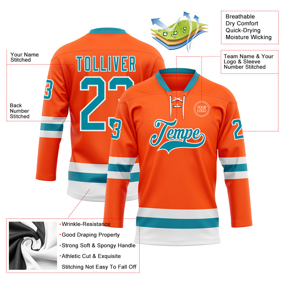 Custom Orange Teal-White Hockey Lace Neck Jersey