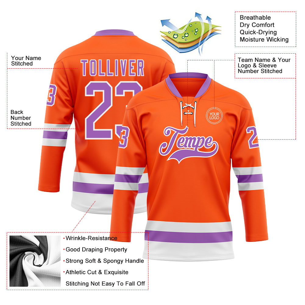 Custom Orange Medium Purple-White Hockey Lace Neck Jersey