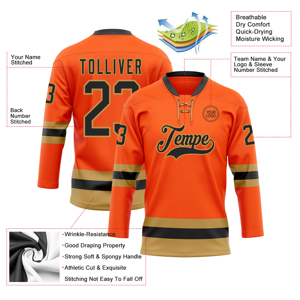 Custom Orange Black-Old Gold Hockey Lace Neck Jersey