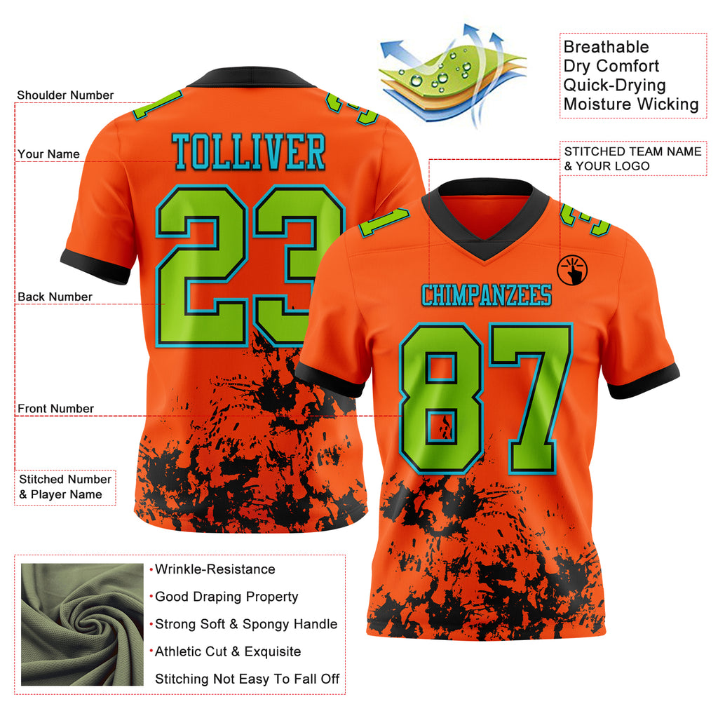 Custom Orange Neon Green Black-Lakes Blue Splash Mesh Authentic Football Jersey