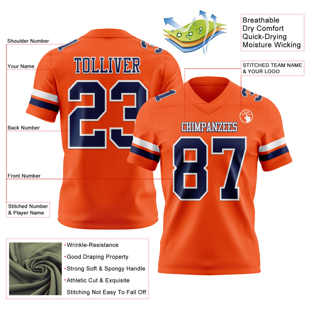 Custom Orange Navy-White Mesh Authentic Football Jersey