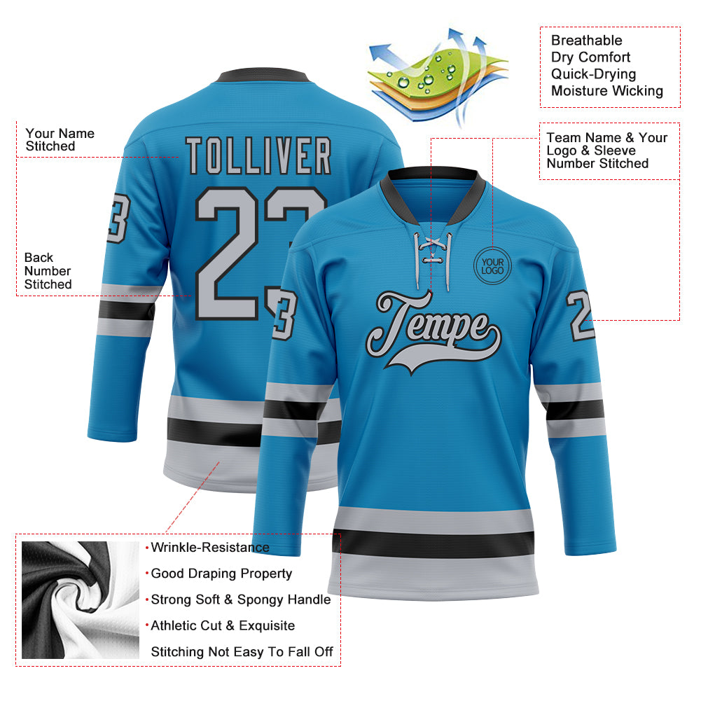 Custom Panther Blue Gray-Black Hockey Lace Neck Jersey