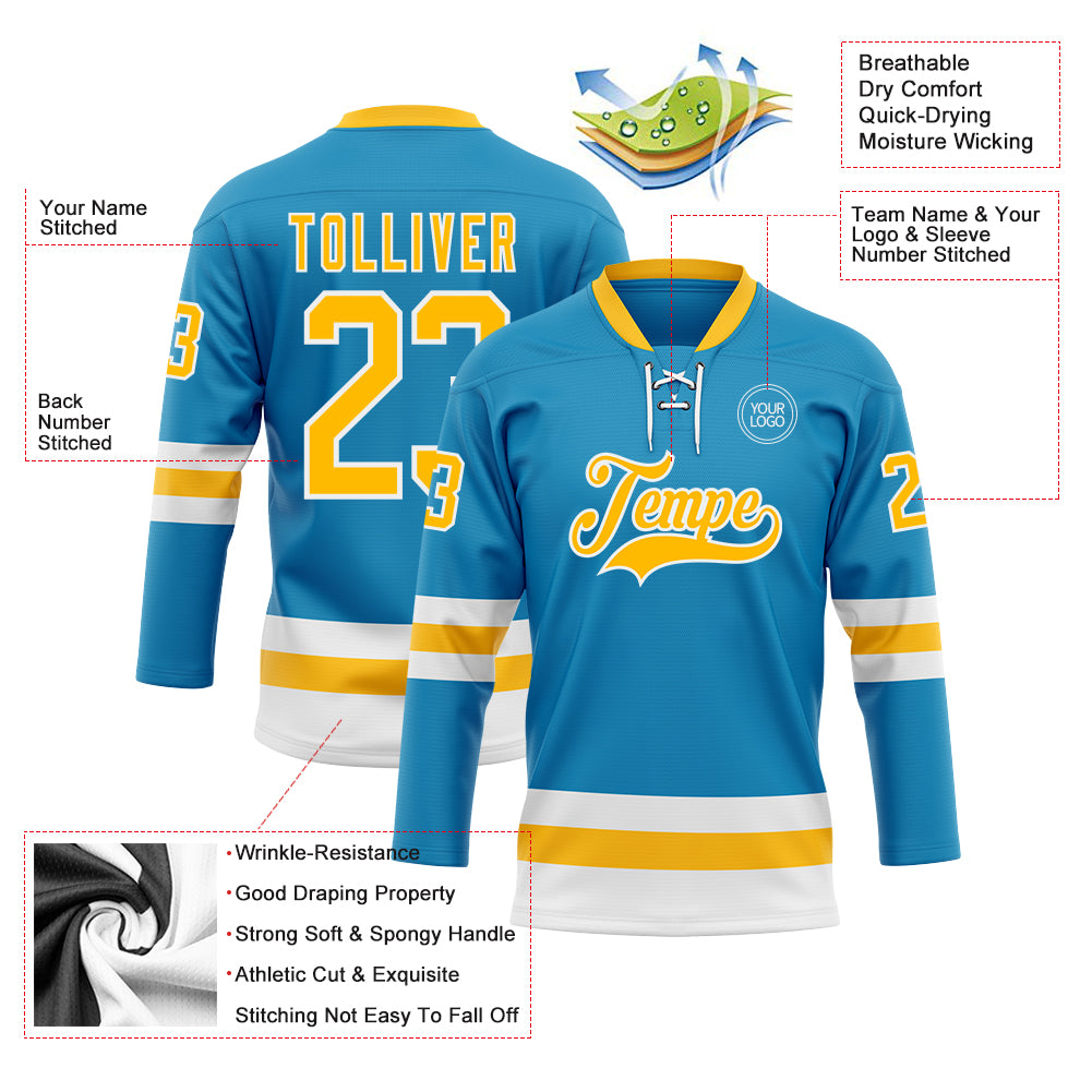 Custom Panther Blue Gold-White Hockey Lace Neck Jersey