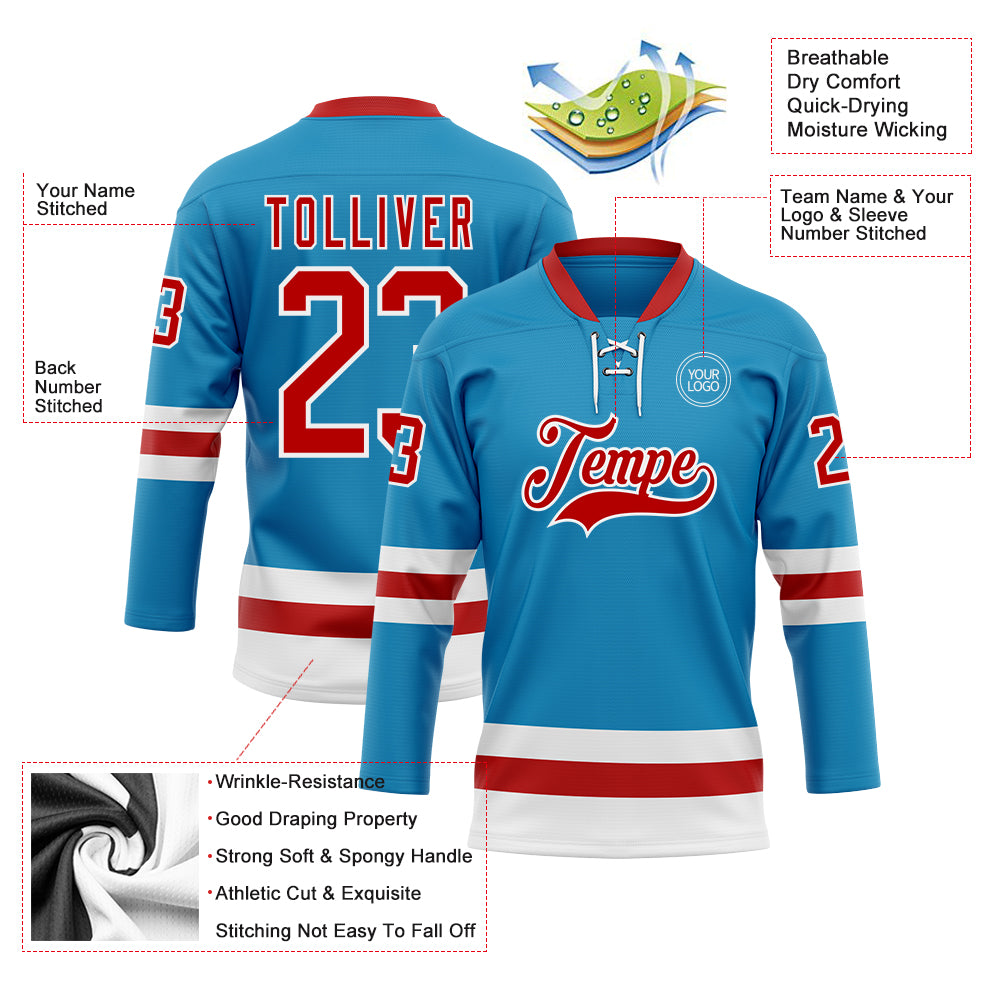 Custom Panther Blue Red-White Hockey Lace Neck Jersey