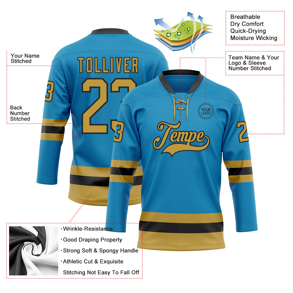 Custom Panther Blue Old Gold-Black Hockey Lace Neck Jersey