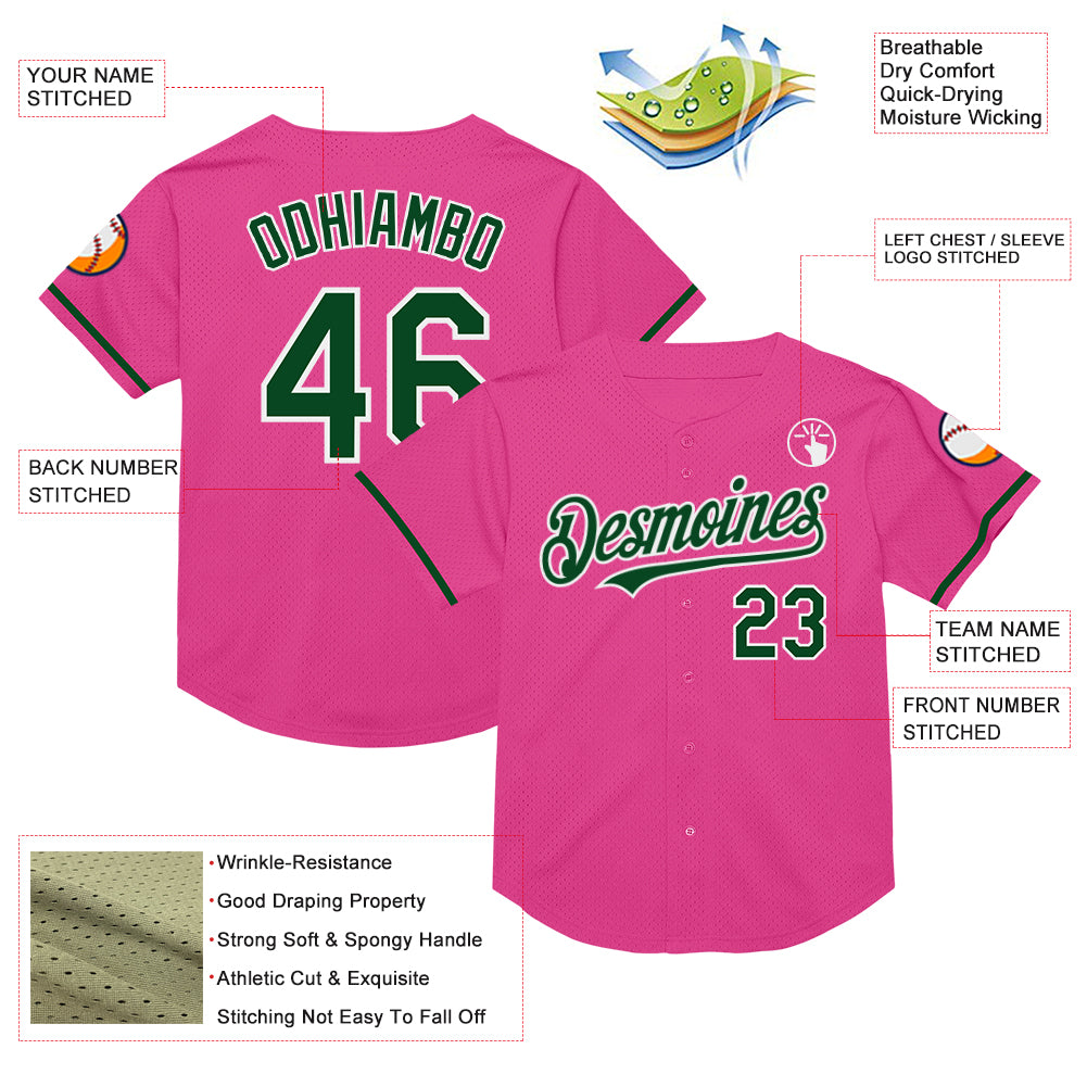 Custom Pink Green-White Mesh Authentic Throwback Baseball Jersey
