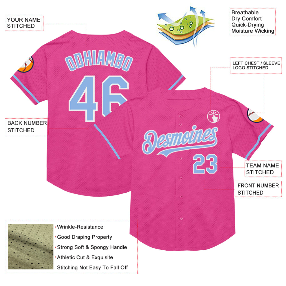 Custom Pink Light Blue-White Mesh Authentic Throwback Baseball Jersey