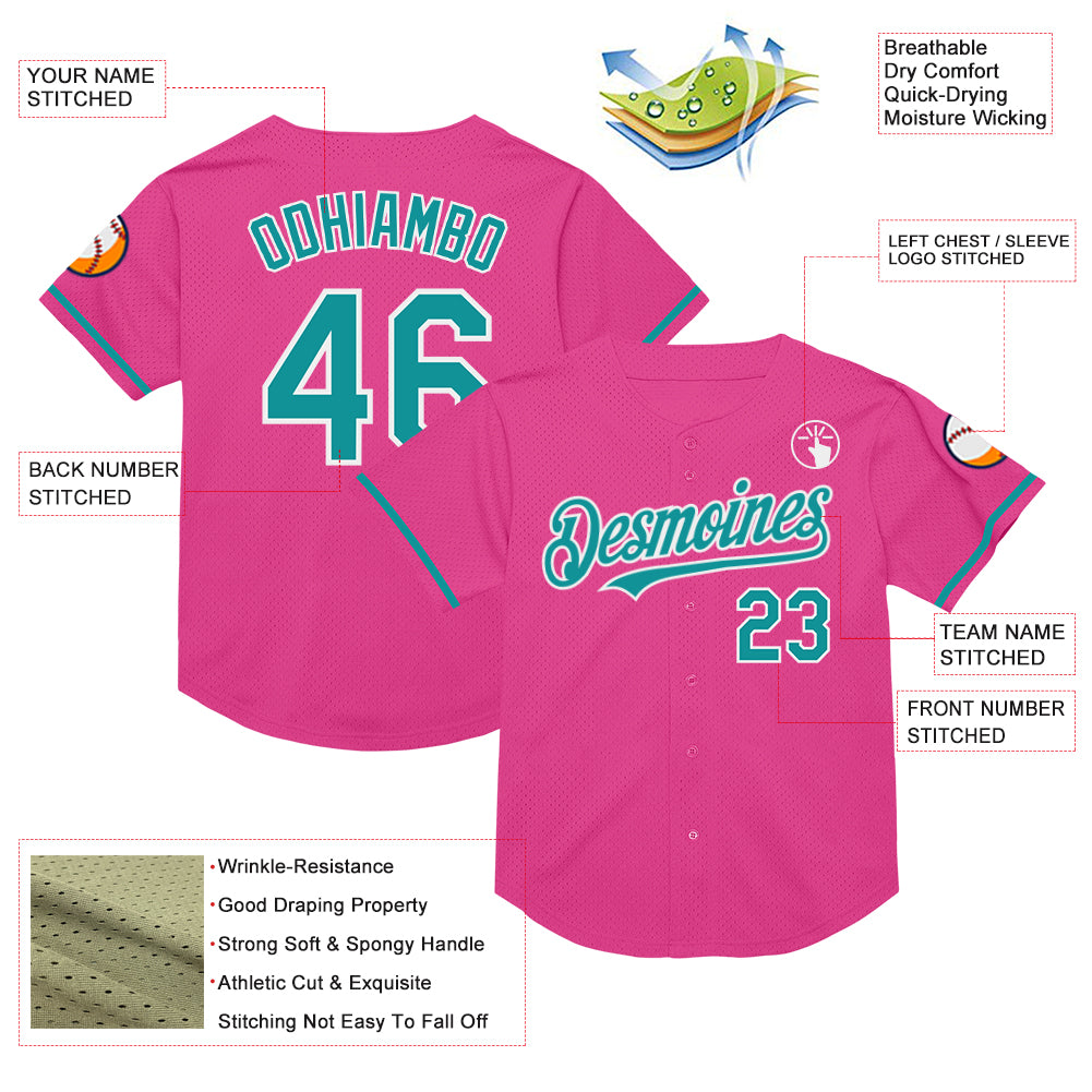 Custom Pink Teal-White Mesh Authentic Throwback Baseball Jersey