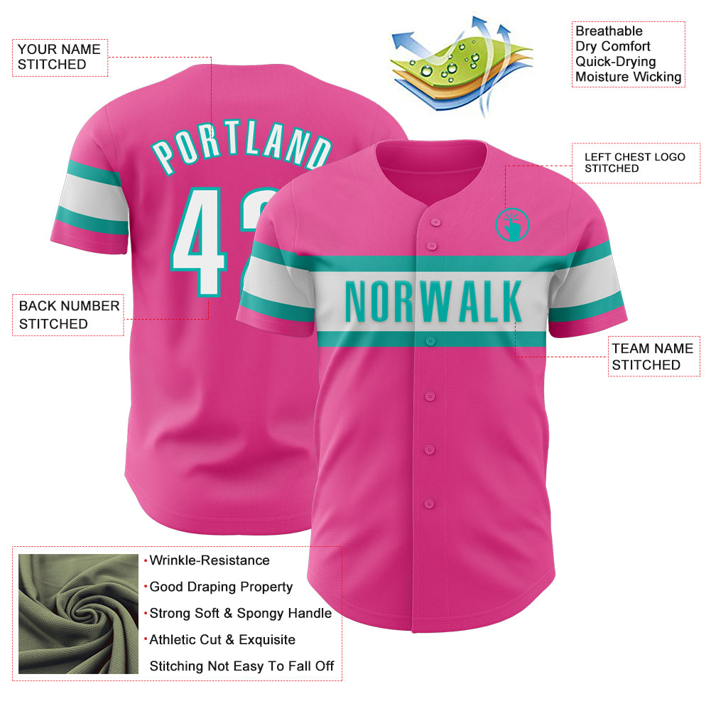 Custom Pink White-Aqua Authentic Baseball Jersey