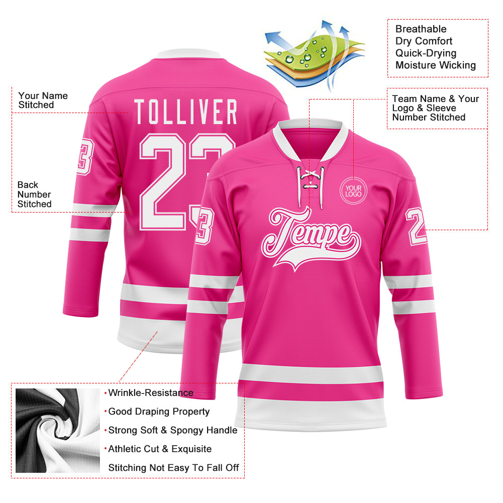 Custom Pink White Hockey Lace Neck Jersey