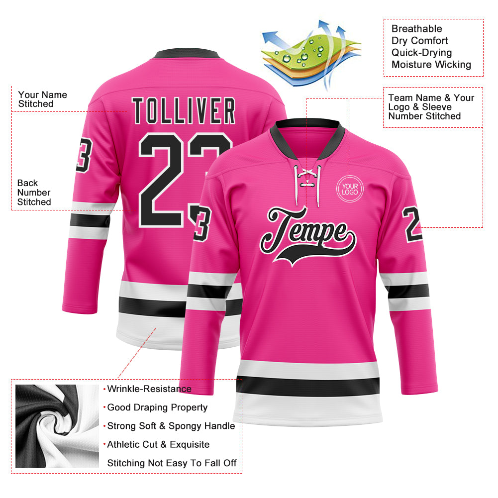 Custom Pink Black-White Hockey Lace Neck Jersey