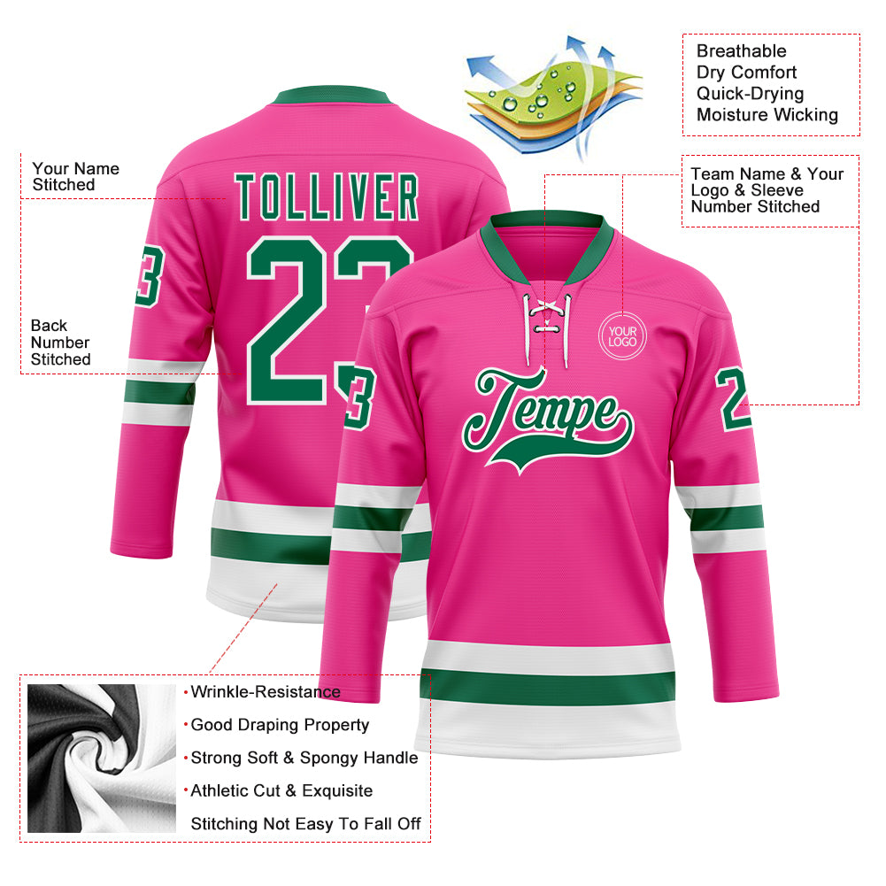 Custom Pink Kelly Green-White Hockey Lace Neck Jersey