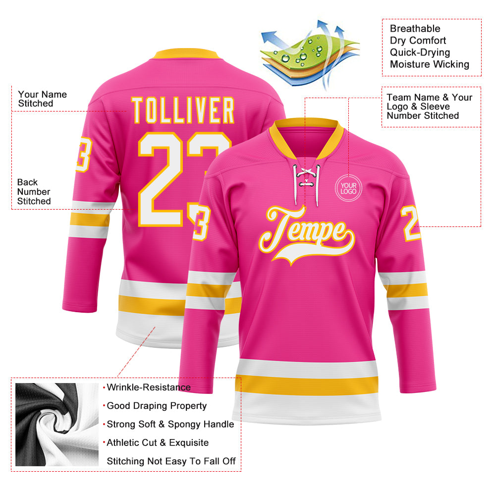 Custom Pink White-Gold Hockey Lace Neck Jersey