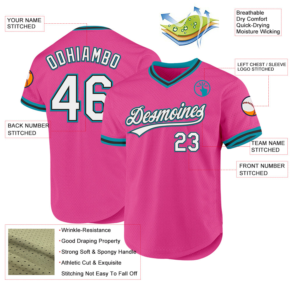 Custom Pink Black-Teal Authentic Throwback Baseball Jersey