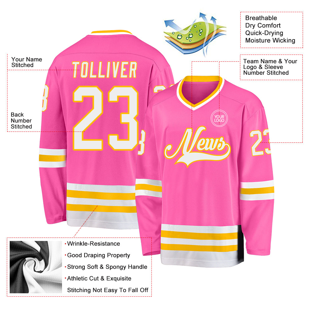 Custom Pink White-Gold Hockey Jersey