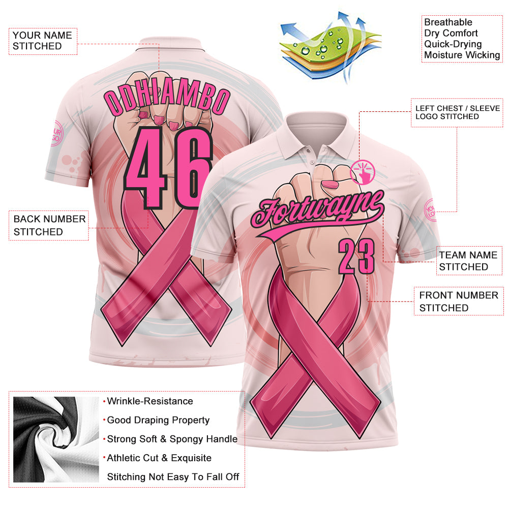 Custom Light Pink Pink-Black 3D Breast Cancer Awareness Month With Woman Hand And Pink Ribbon Women Health Care Support Performance Polo Shirt