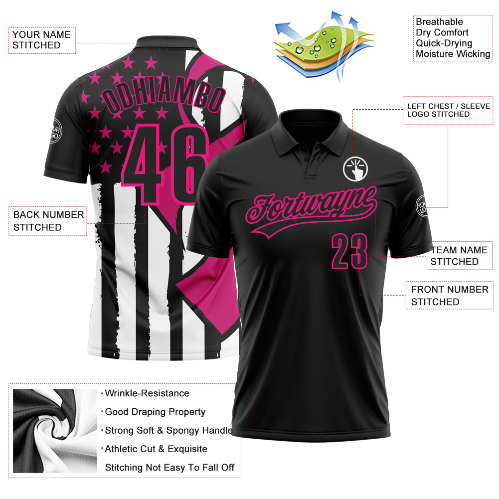 Custom Black Hot Pink-White 3D Pink Ribbon Breast Cancer Awareness Month Women Health Care Support Performance Polo Shirt