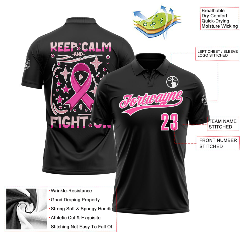 Custom Black Pink-White 3D Pink Ribbon Keep Calm And Fight On Breast Cancer Awareness Month Women Health Care Support Performance Polo Shirt