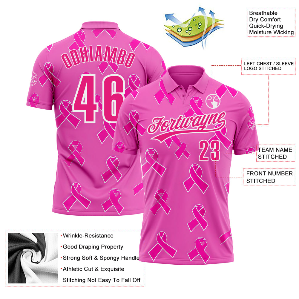 Custom Pink Hot Pink-White 3D Pink Ribbon Breast Cancer Awareness Month Women Health Care Support Performance Polo Shirt