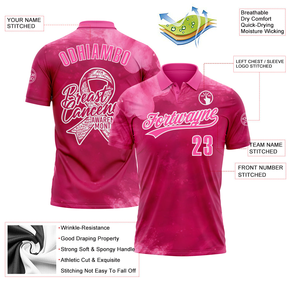 Custom Hot Pink Pink-White 3D Pink Ribbon Breast Cancer Awareness Month Women Health Care Support Performance Polo Shirt