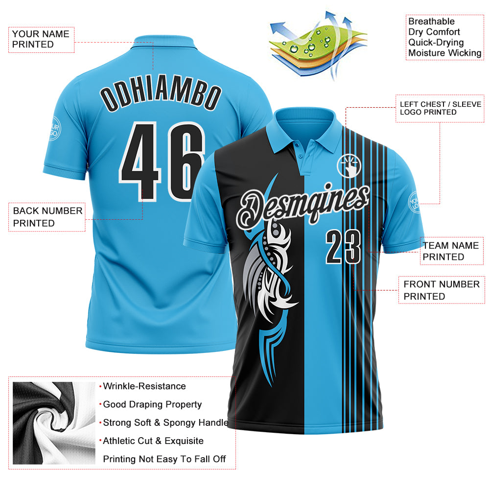 Custom Sky Blue Black-White 3D Bowling Tattoos Performance Polo Shirt