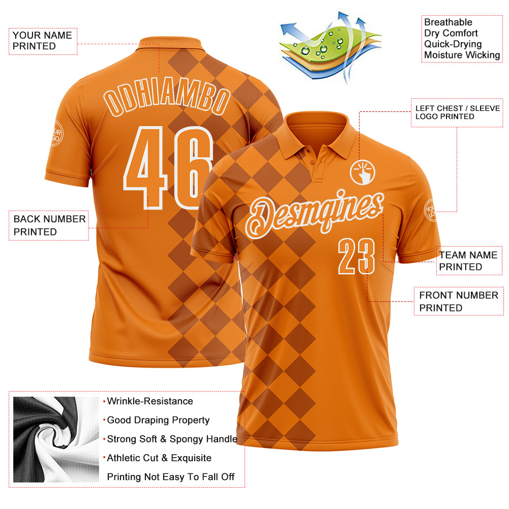 Custom Bay Orange Texas Orange-White 3D Bowling Geometric Square Shape Performance Polo Shirt