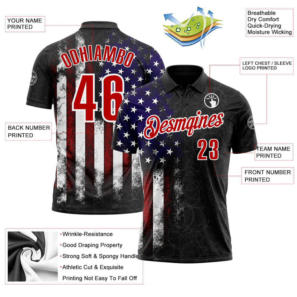 Custom Black Red-White 3D Bowling American Flag Performance Polo Shirt