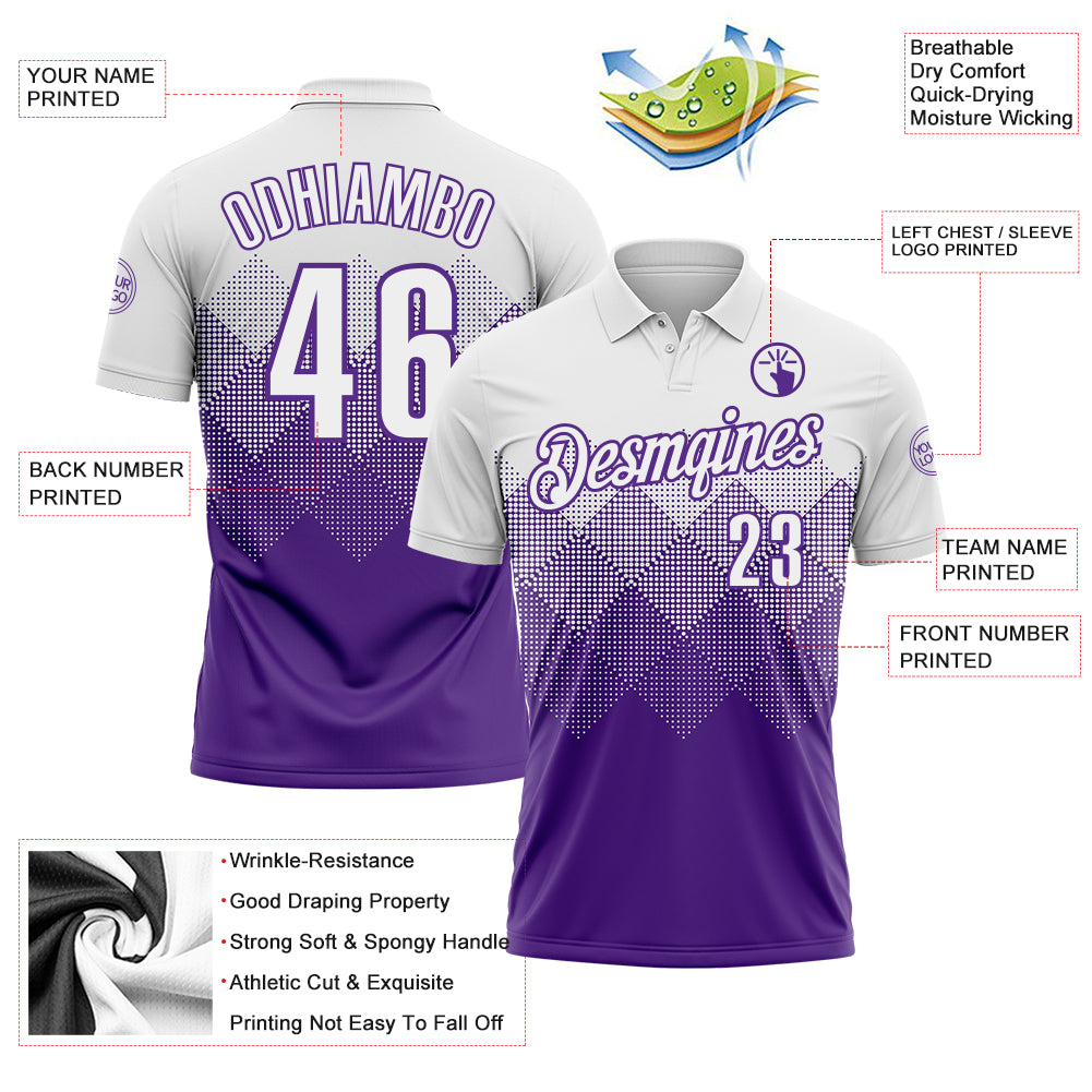 Custom White Purple 3D Pattern Design Gradient Square Shape Performance Polo Shirt