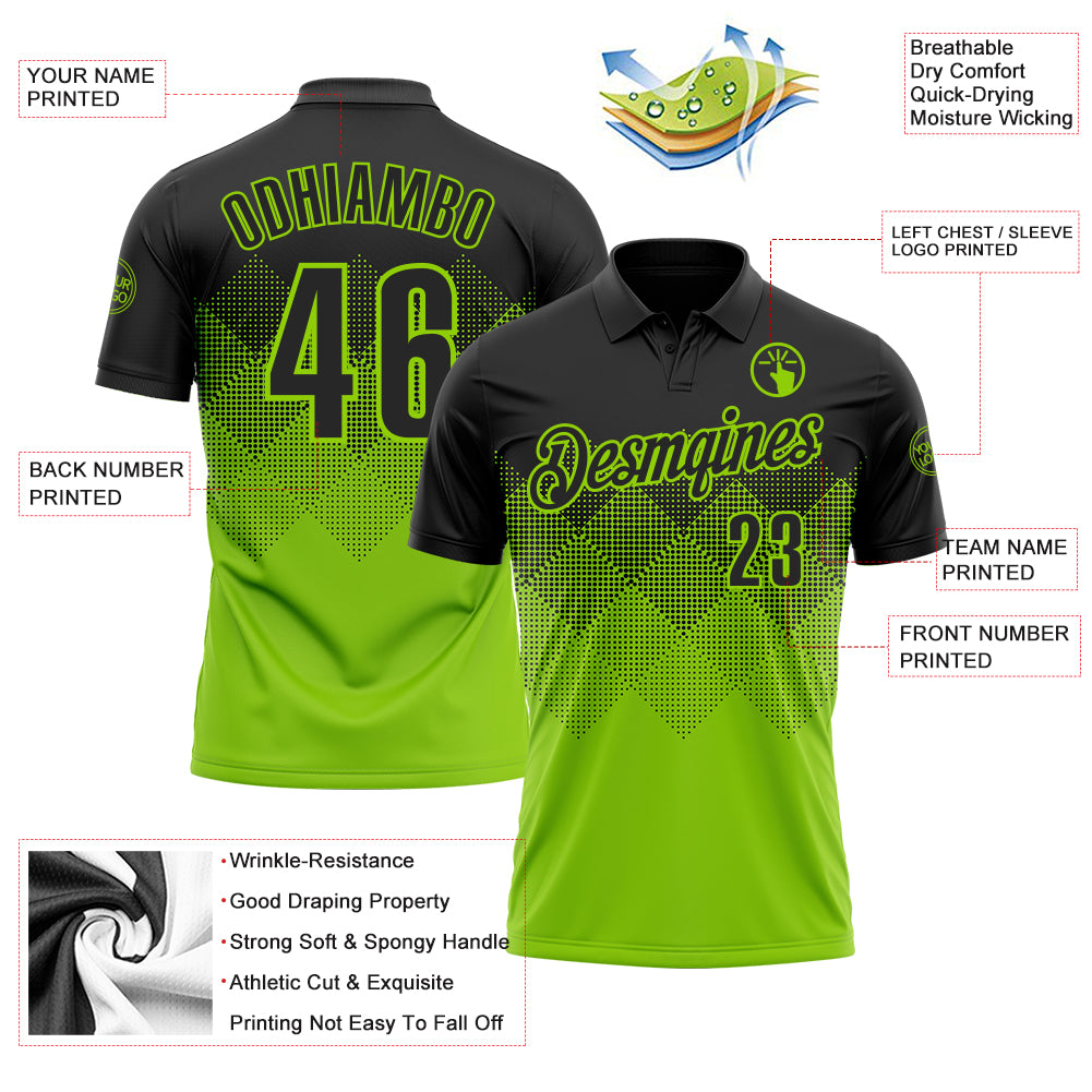 Custom Black Neon Green 3D Pattern Design Gradient Square Shape Performance Polo Shirt