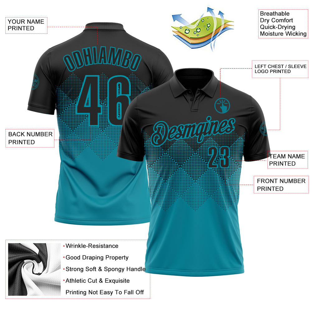 Custom Black Teal 3D Pattern Design Gradient Square Shape Performance Polo Shirt