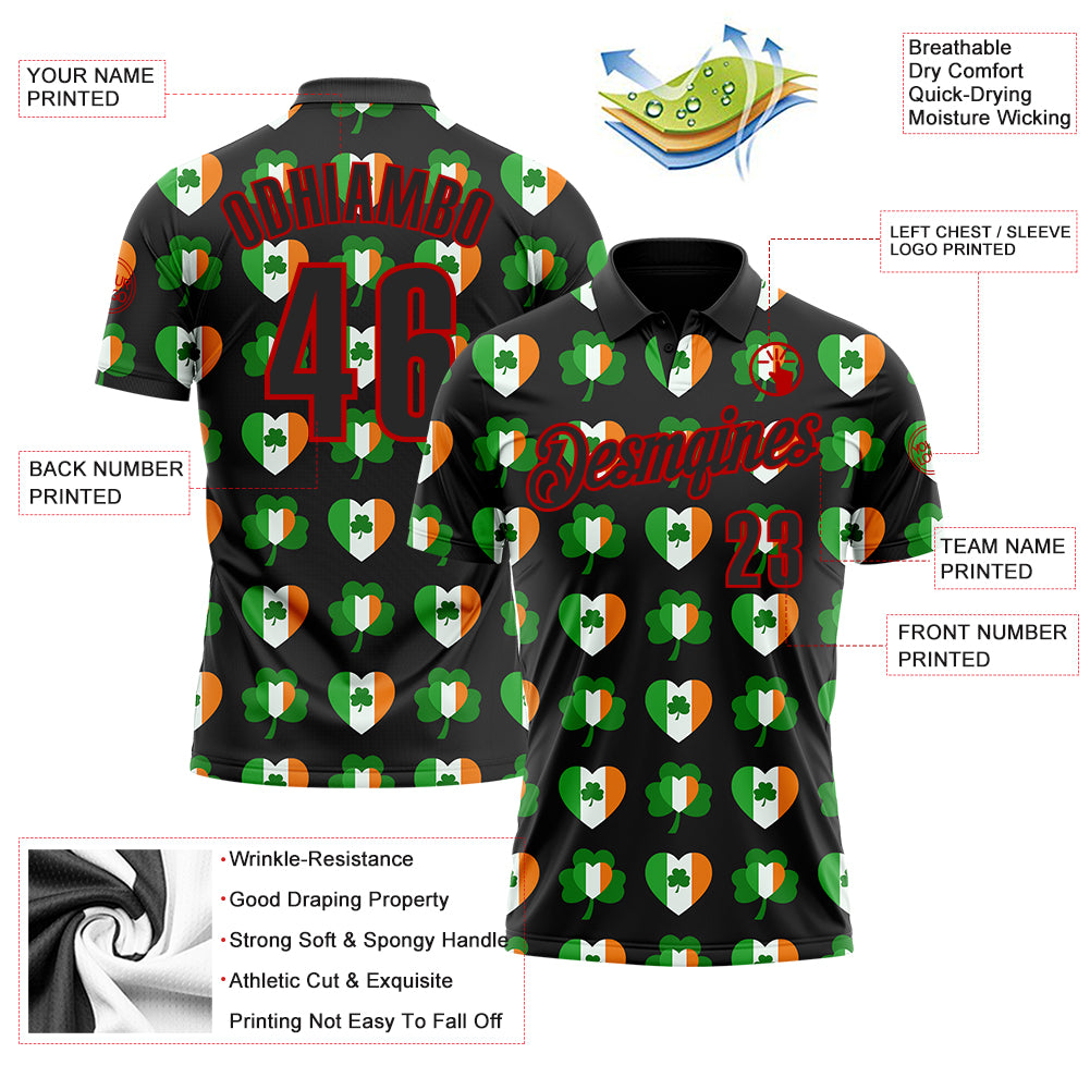 Custom Black Red 3D St. Patrick's Day Shamrock Performance Polo Shirt