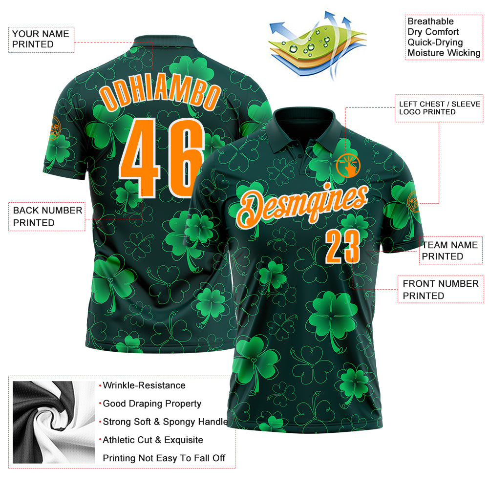 Custom Navy Bay Orange-Green 3D St. Patrick's Day Shamrock Performance Polo Shirt