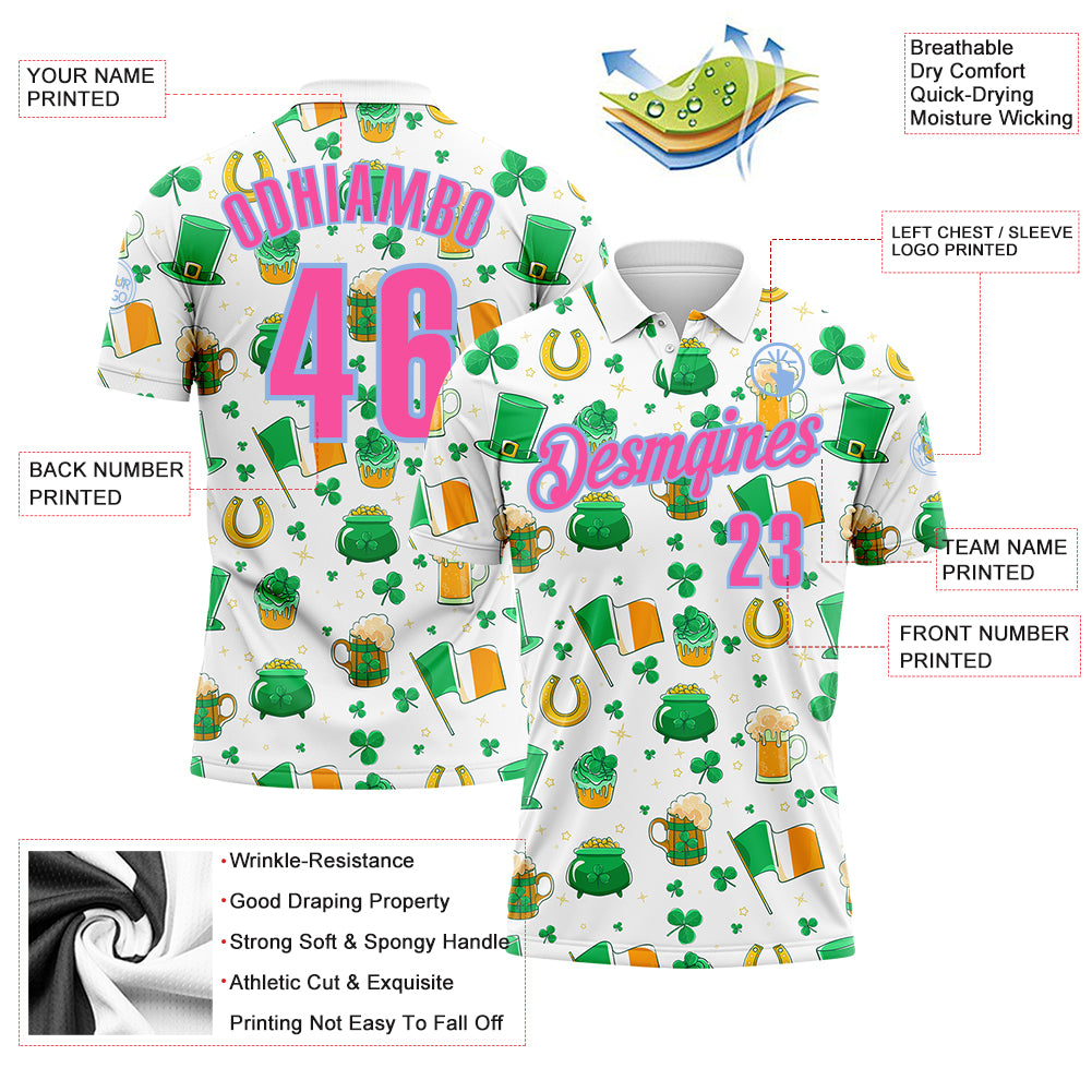 Custom White Pink-Light Blue 3D St. Patrick's Day Shamrock Beer Performance Polo Shirt