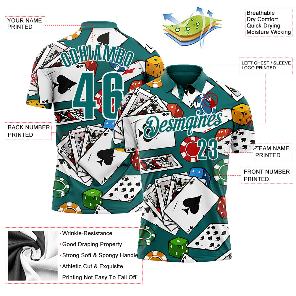 Custom Teal White 3D Gambling Poker Performance Polo Shirt