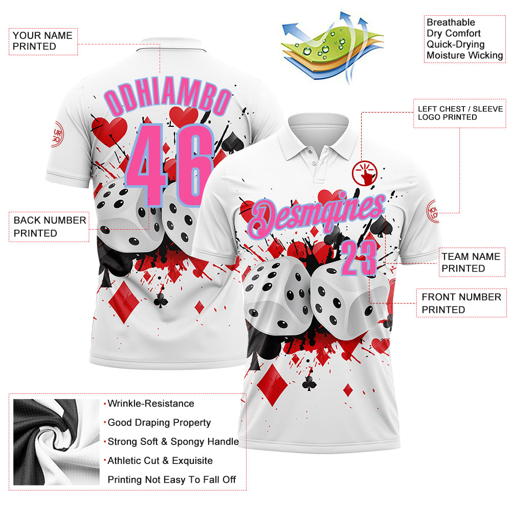 Custom White Pink-Light Blue 3D Gambling Poker And Dice Performance Polo Shirt