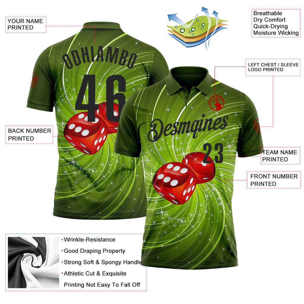 Custom Green Black 3D Gambling Dice Performance Polo Shirt