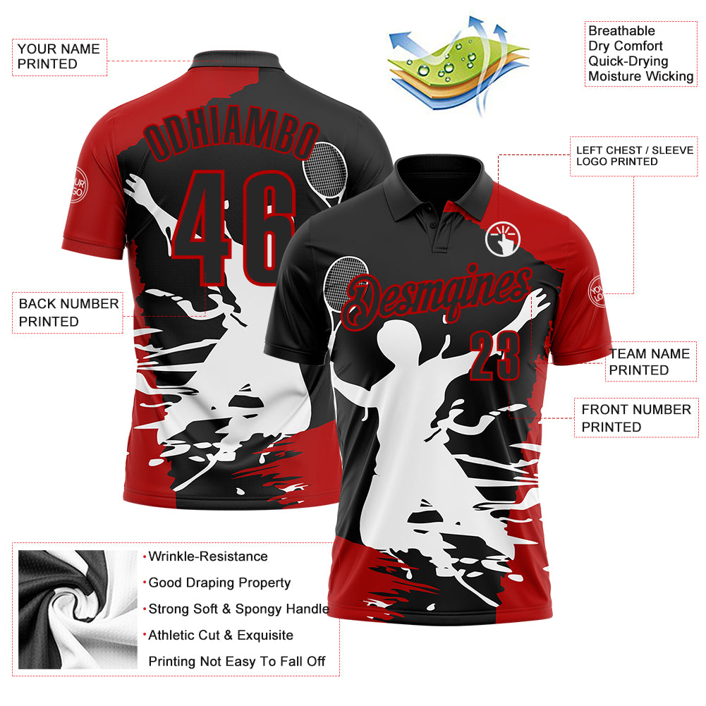 Custom Black Red-White 3D Tennis Performance Polo Shirt