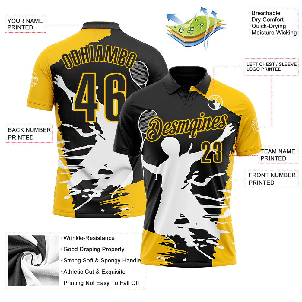 Custom Black Yellow-White 3D Tennis Performance Polo Shirt