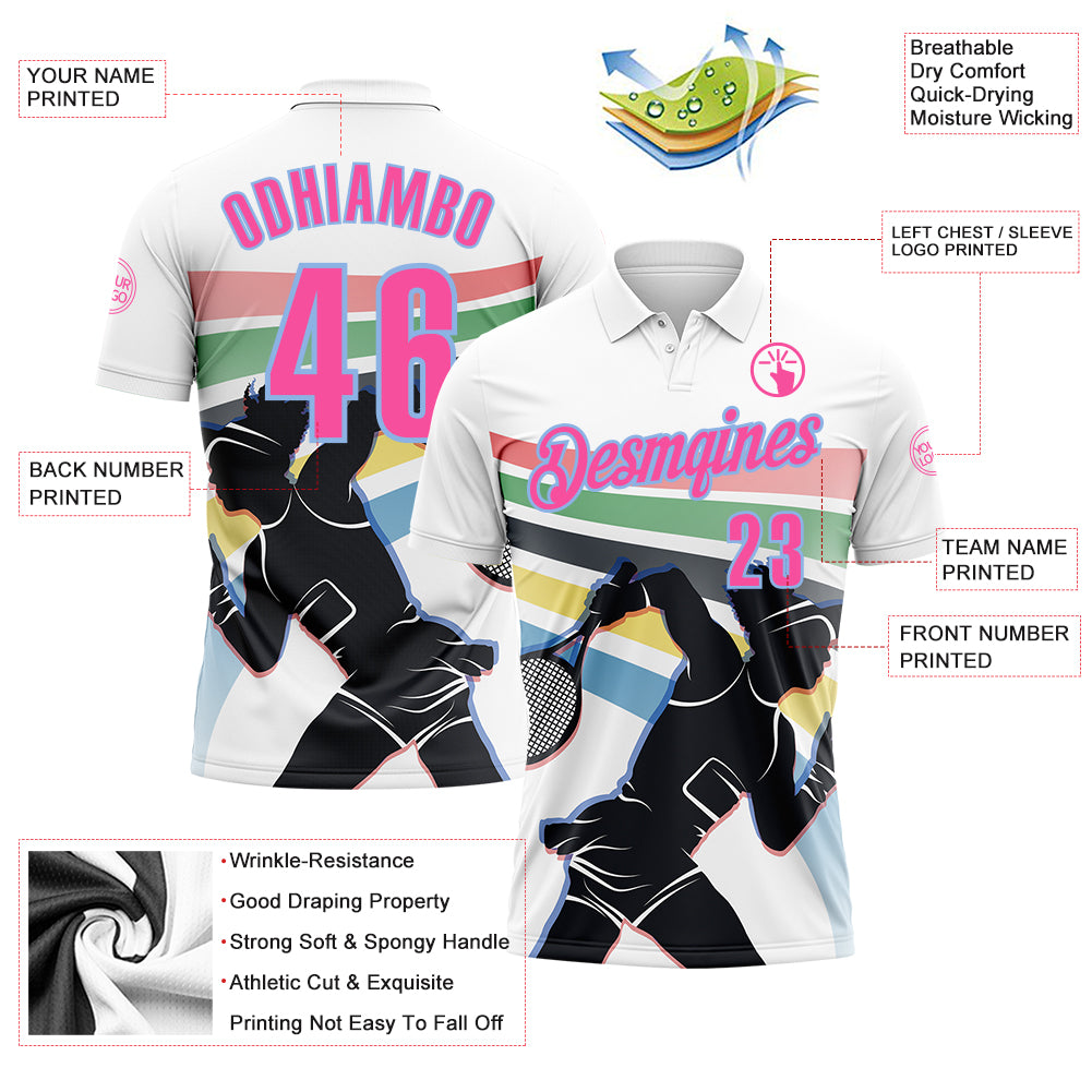 Custom White Pink-Light Blue 3D Tennis Performance Polo Shirt